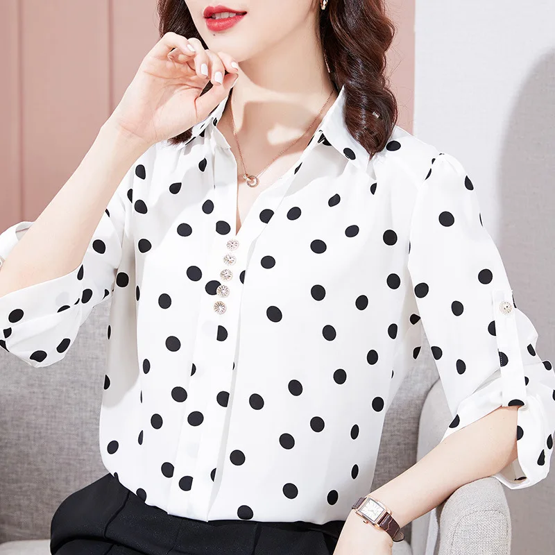 

Polka Dot Chiffon Shirt Fashion Casual Turn Down Collar Three-Quarters Sleeve Women Blouses Shirt