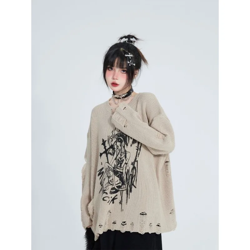 

Deeptown Y2k Vintage Hole Women Kint Sweaters Harajuku Print Pullovers Grunge Japanese Fashion Oversized Autumn Gothic Knitwear