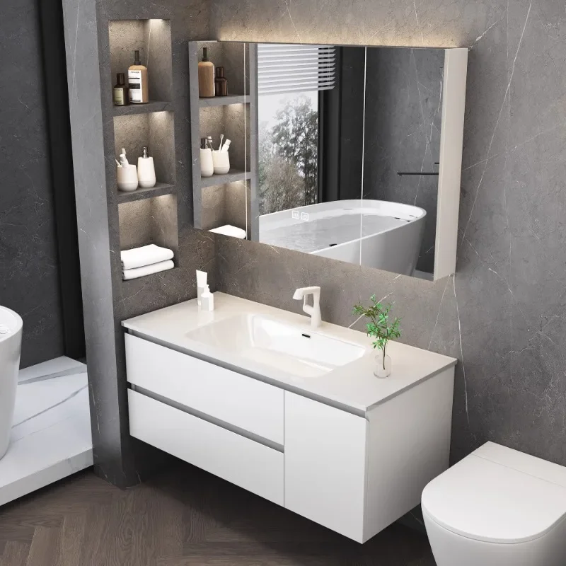 

Oak Lacquer Bathroom Cabinet Combination Integrated Ceramic Basin Intelligent Simple Bathroom Hand Washing Face Furniture