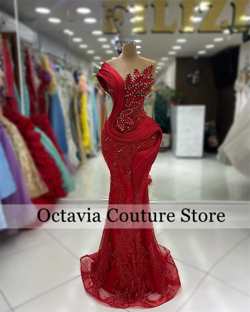 

Red Appliques Dubai Evening Dresses Bead Crystal Rhinestone Luxury Dress Birthday O Neck Mermaid Party Gown Customized