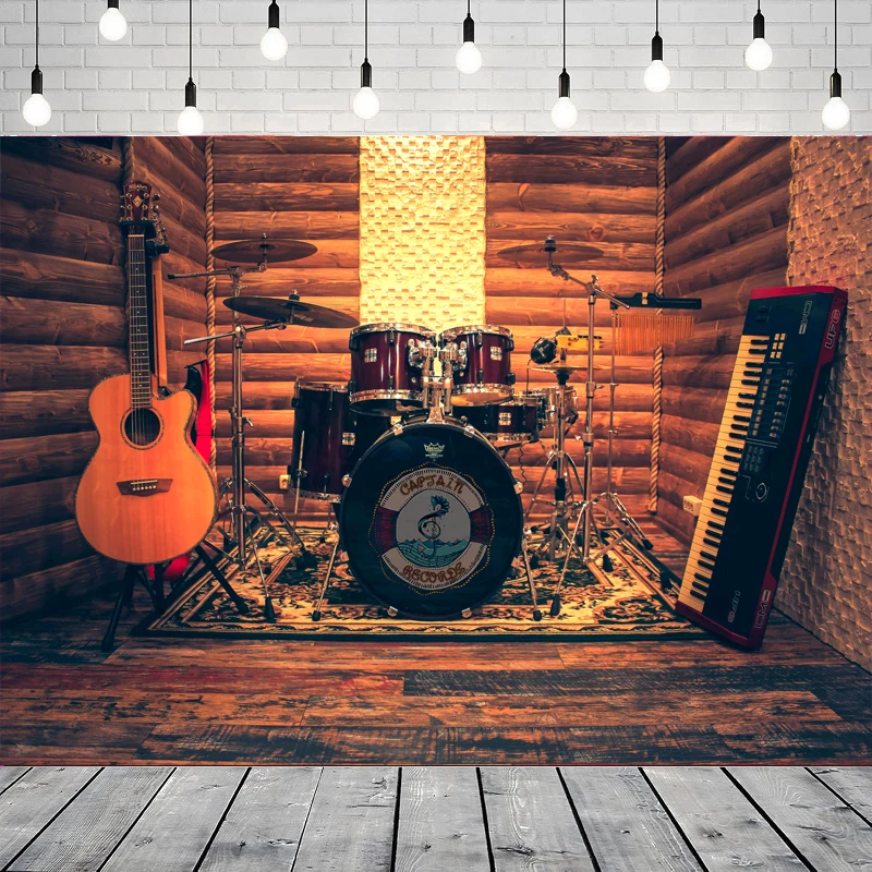 Photography Backdrop Musical Instruments On Bar Wooden Stage Guitar Sound Seats Music Birthday Background Party Backdrop Wall