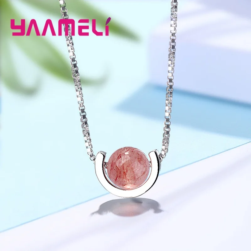 Nice 925 Sterling Silver Chains Natural Strawberry Quartz Pendants Necklace Collar Luxury Gift for Women Girls Christmas Gift