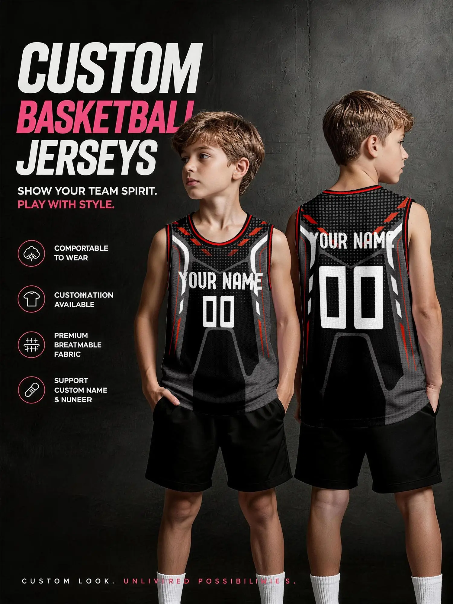 Black‑Grey‑Red Geometric Print Custom Kids Basketball Jersey, Stylish Breathable Mesh Game Tank With Personalized Prints