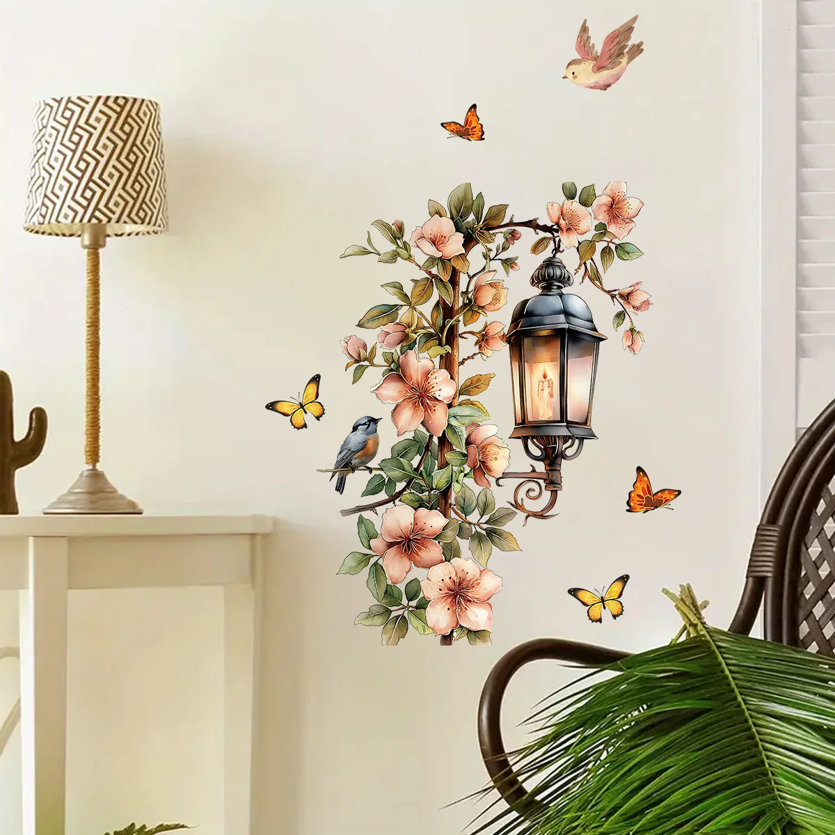 Colorful Flower Pendant Lamp Bird Wall Sticker For Bedroom Living Room Entrance Home Background Decoration Self-adhesive