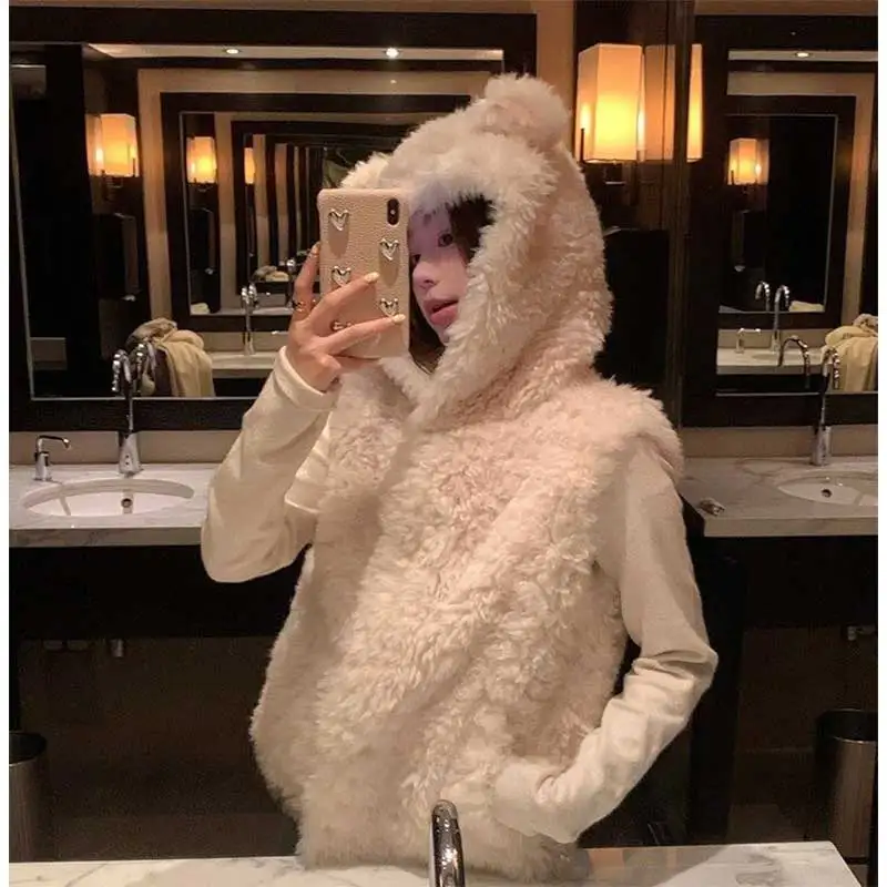 

Женская одежда, зимний модный тренд, однотонный жилет из овечьей шерсти, женский милый жилет без рукавов с капюшоном, жилет, топ