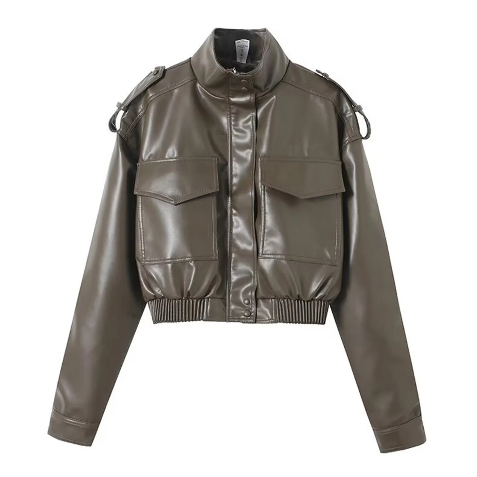 Jaqueta Bomber Feminina de Couro Sintético Cropped Vintage com Zíper Frontal, Gola Lapela e Múltiplos Bolsos – Casaco Quente de Inverno