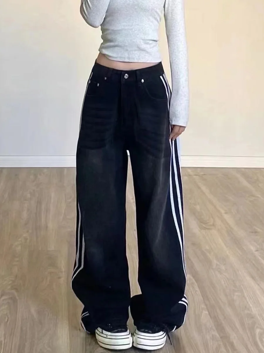 Jeans da donna con design a righe a gamba larga retrò americano a vita alta, vestibilità ampia, dimagranti, taglio dritto, pantaloni in denim autunno nuovo Sle