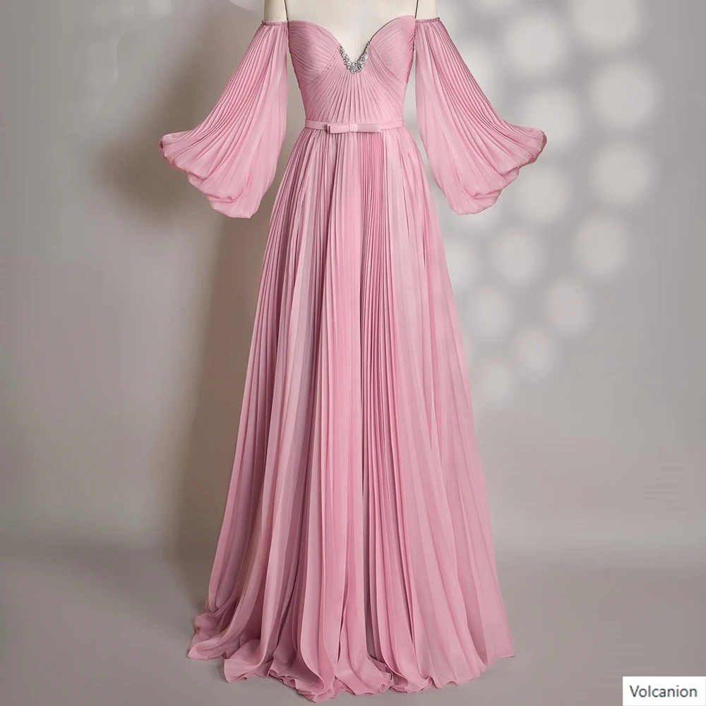 

Customized A-line Evening Dresses Floor-length Off The Shoulder Full Sleeve Prom Gown Fashion Pleat Crystal Draped Party Gown