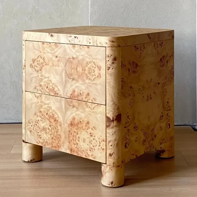 Mid-century style living room side table, minimalist tree knot wood veneer headboard locker