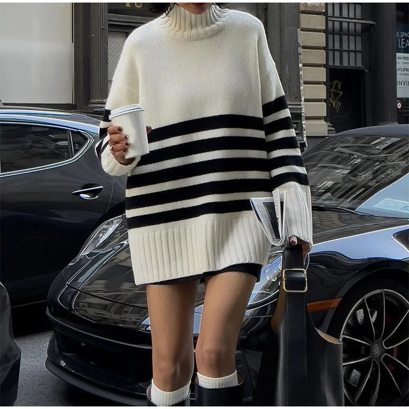 Women Stripe Knit Sweater Pullover Long Sleeve Knitted Tops Female Jumper Autumn Winter Streetwear White Baggy Sweaters