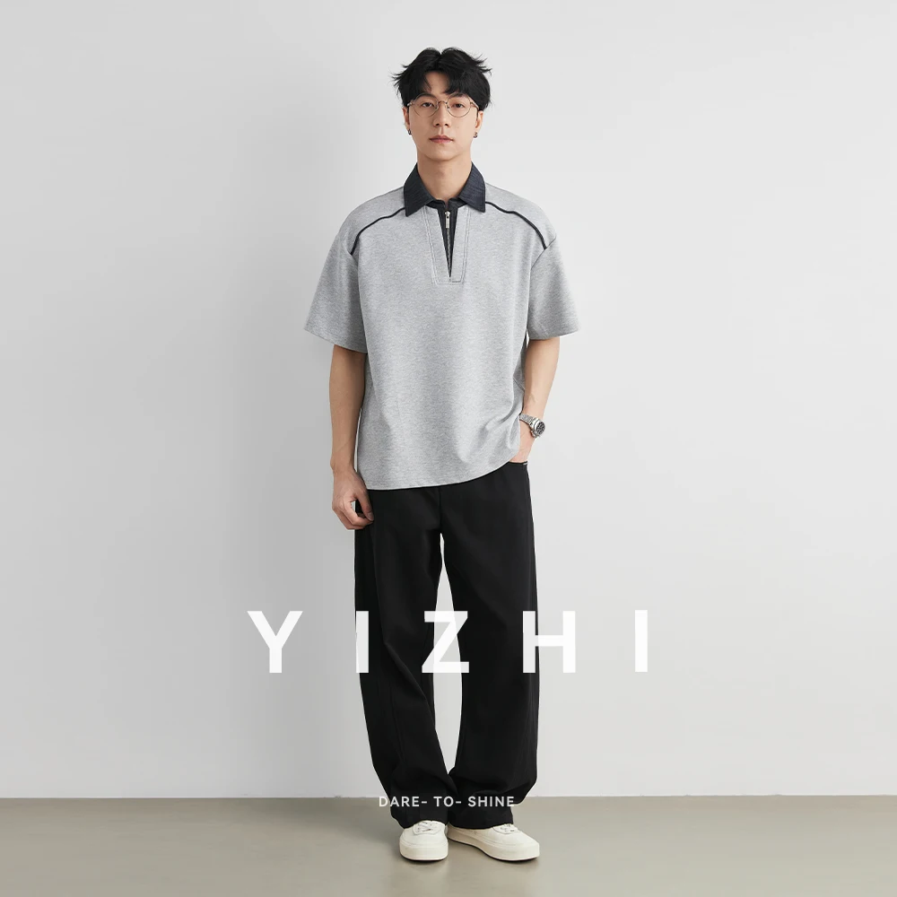 Men's Contrast Denim Lapel Spliced Fake Two-Piece Polo Shirt 2026 Summer Half Zip Loose Soft Breathable Short Sleeve