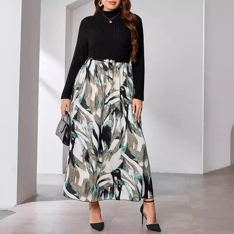 

Plus Size Large Size Women's High Ne Patchwork Printed Long Dr A-Line Skirt Polyester Fiber Long Sve Summer New Arrival