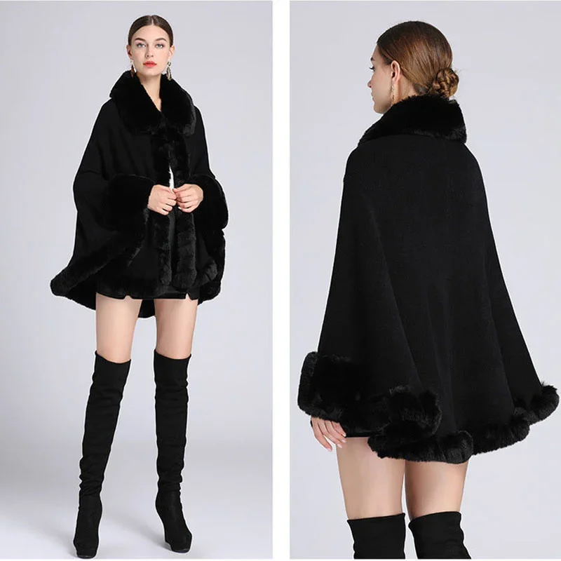 Full Trim Soft Faux Fur Cloak Coat Loose Batwing Cape Turn Down Collar Dress Smock Winter Women Knit Mantle Fashion Young