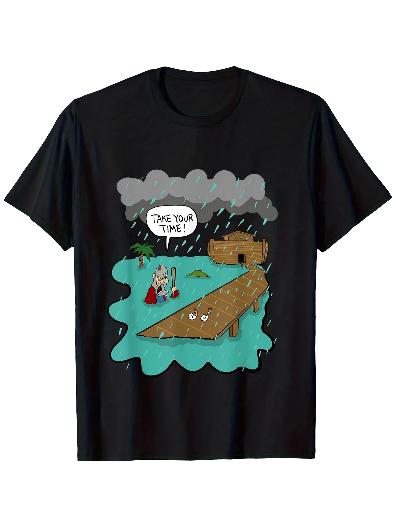 New 1pc, Funny Christian Graphic Men's T-Shirt - Breathable Crew Neck Short Sleeve, Noah's Ark Rain Scene Design, Casual Street