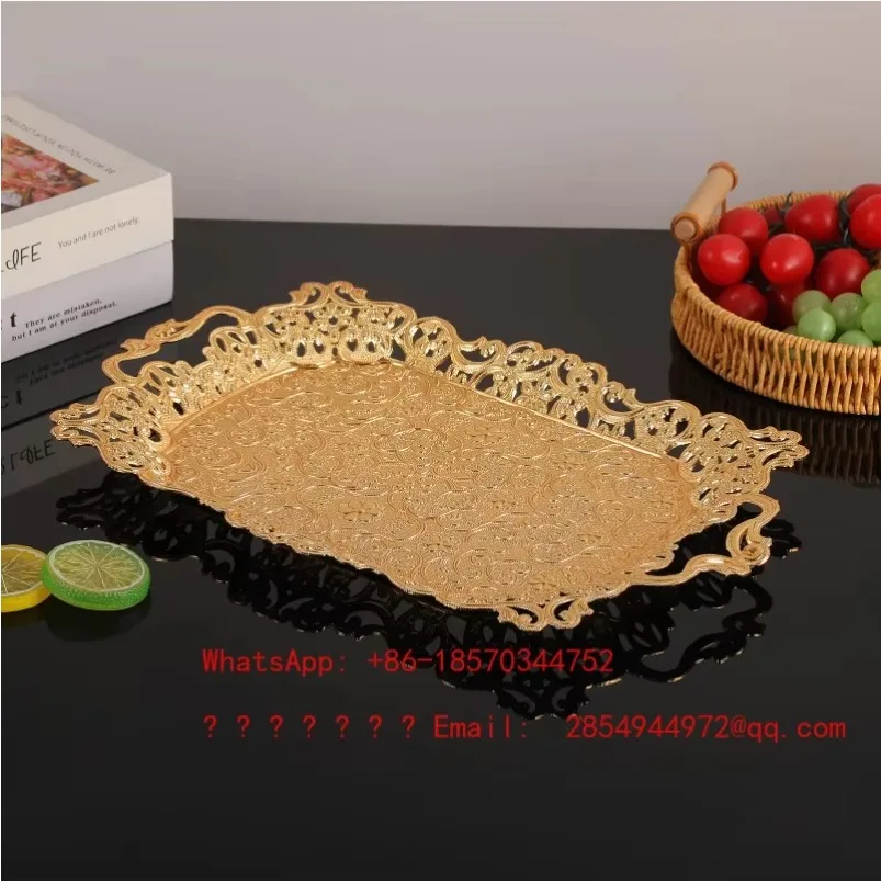 European Style Gold Edged Hollow Rectangular Fruit Tray, Living Room Dried Fruit Storage Tray, Home Decoration Storage