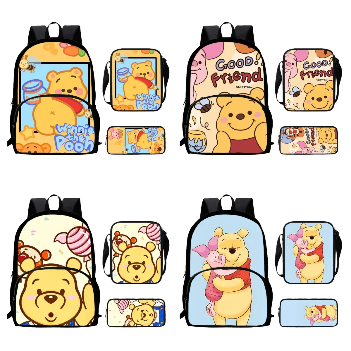 

Школьные сумки с рисунком Диснея Винни для мальчиков и девочек, комплект из 3 предметов, школьный рюкзак с передней сумкой, сумка через плечо, сумка-карандаш для детей 5-10 лет