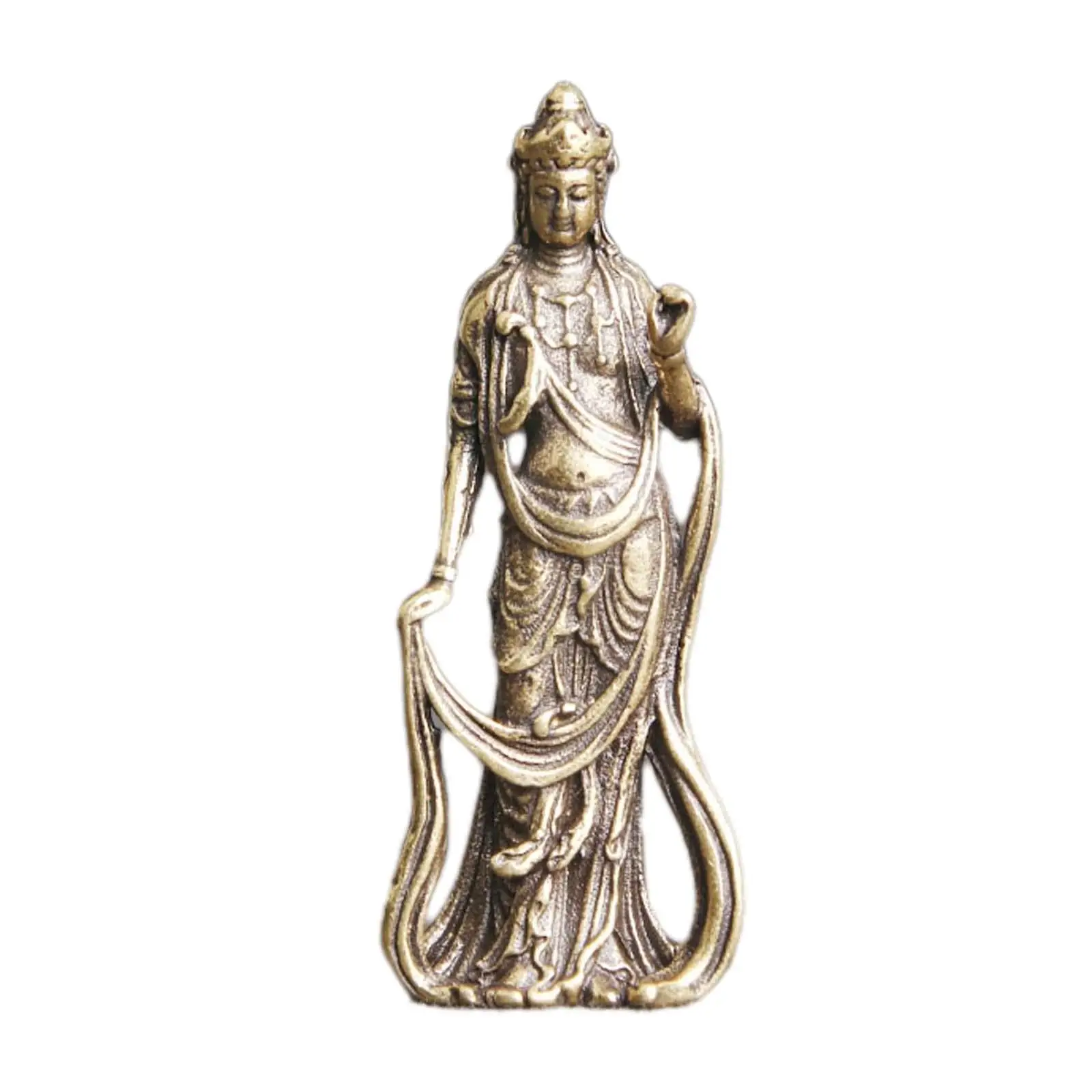 Mini Guan Yin Statue Standing Brass Figurine for Yoga Room Shelf Decorative