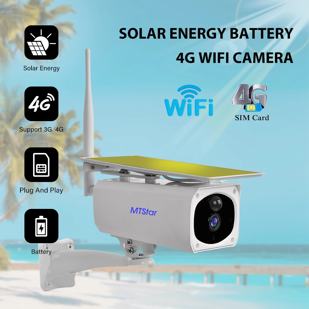 MTstar 4G Solar IP Camera Wireless WiFi 1080P Outdoor Security Surveillance CCTV PIR Detection IR Night Vision