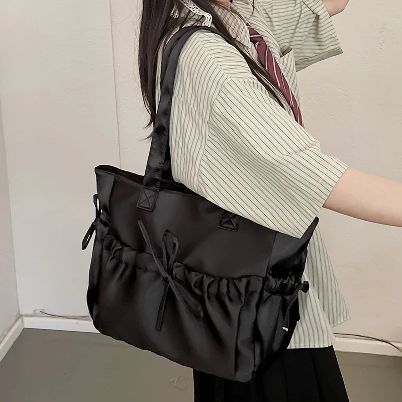 Satin Ballet Style Pleated Bow Girls Shoulder Bags Sweet Candy Color Ladies Underarm Bag Korean Casual Women Laptop Large Tote view 4