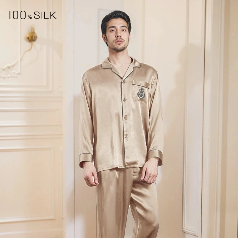 Men 19 Momme 100% Mulberry Silk Pajamas Set Autumn Winter Long Sleeve Loungewear Plus Size Outwear Sleepwear