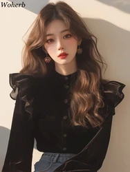 Black Velvet Blouse for Women Ruffled Long Sleeve Temperament Tops 2024 Blusas Mujer De Moda Korean Vintage Stand Neck Shirts