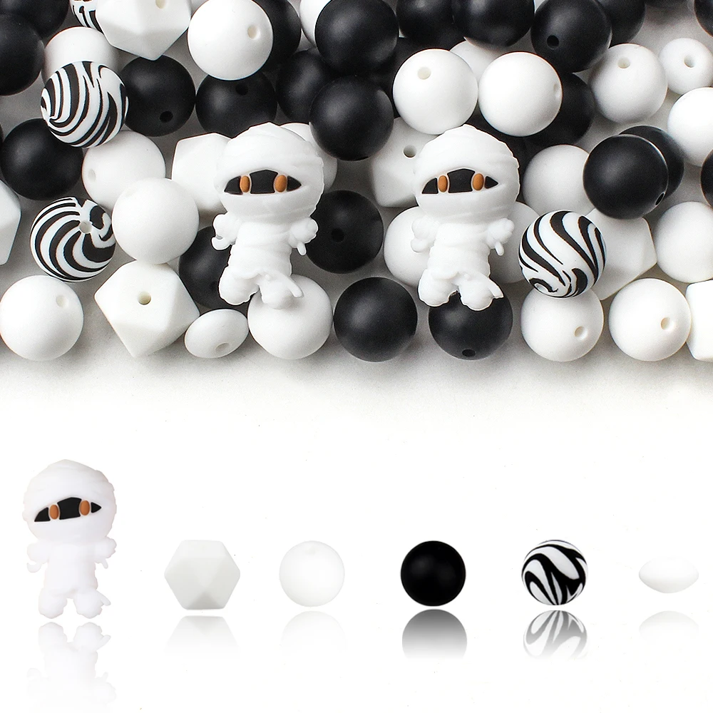 30Pcs Halloween Theme 3D Silicone Beads Cute Mummy Focal Beads Perfect for Jewelry Making DIY KeyChain Bag Accessory