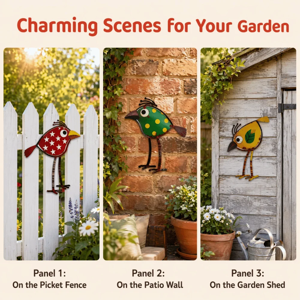 3Pcs Vintage 2D Flat Metal Bird Figurine Unique Handicrafts Bird Ornaments Set Rustic Style Whimsical