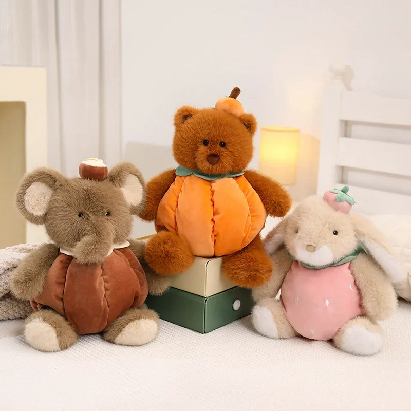 

2025 New Style Lovely Animal Stuffed Wearing Fruit Clothes Bear Elephant Rabbit Super Soft Pillow Home Decro Valentine's Gift