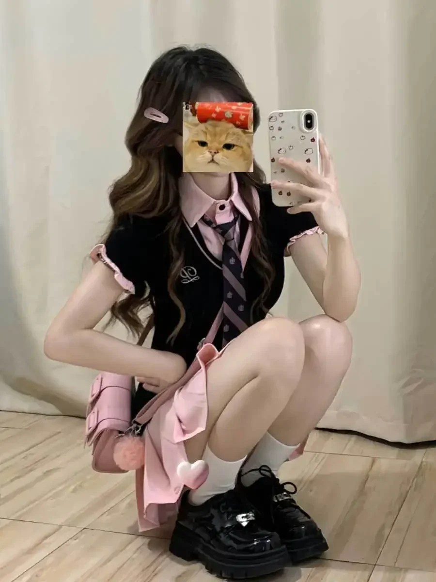 Korea Department Institute Sweet Wind Holiday Two POLO-neck short-sleeved Dress Female Show Thin Waist JK Uniform Pleated Skirt