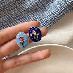 2022 Creative Cartoon Style The Little Prince Rose Flower Drop Earrings Simple Oval Shaped Blue Enamel Little Prince Earrings