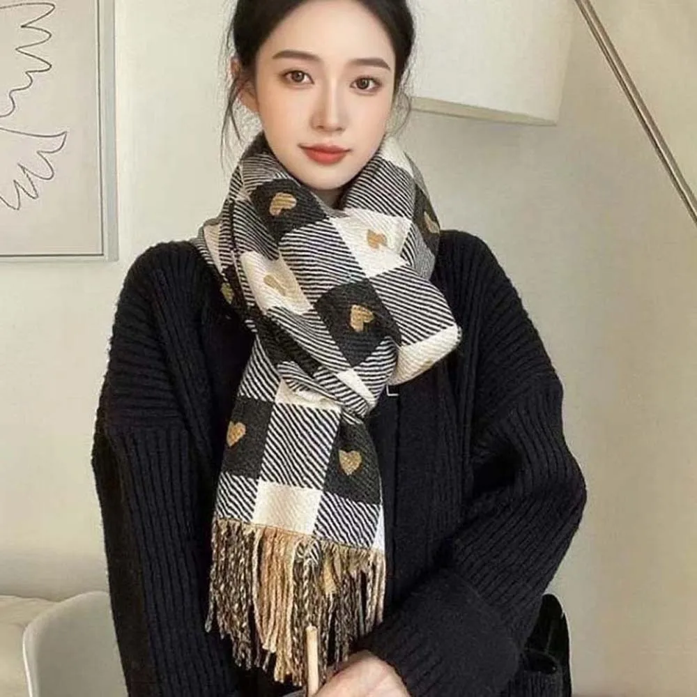

Korean Style Acrylic Fibers Plaid Knitted Scarf Warmer Soft Heart Thickened Scarf Classic Long Tassel Shawl Women