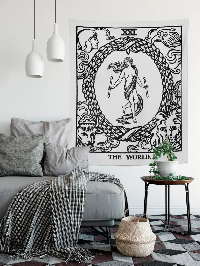 The World Tarot Card Tapestry - Rider Waite deck - The World Black and White Tapestry