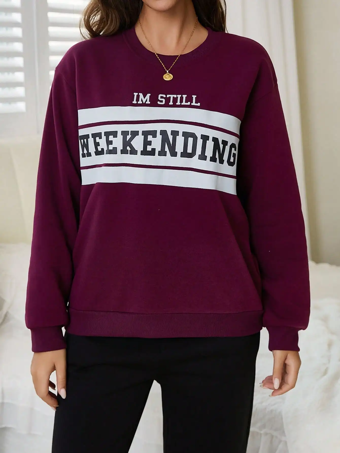 Damska bluza z nadrukiem liter, ciepła, luźna, z okrągłym dekoltem, wygodna, codzienna, zimowa bluza damska typu pulower.