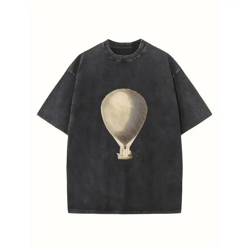 

Vintage Hot Air Balloon T-shirt, Washed Grunge Style Tee, Oversized Art Graphic Top, Aesthetic Retro Casual Shirt