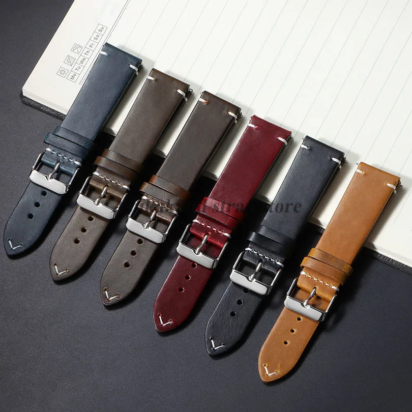 18mm 19mm 20mm 21mm 22mm24mm Handmade Retro Oil Wax Leather Strap Calfskin Quick Release Bracelet Women Men Watchband Pin Buckle