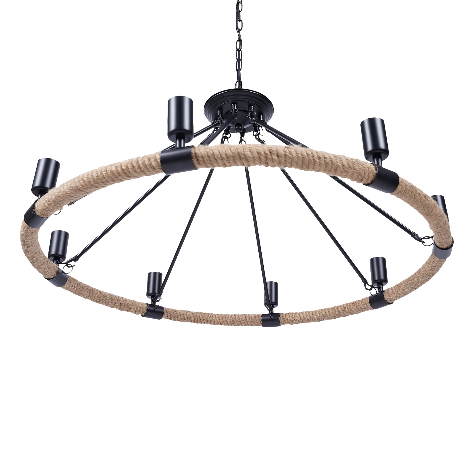 Pendant Lights with Twine-Wrapped Iron Frame, Adjustable Height (39.4in), 8 Light Sources (Not Included), Industrial Rustic