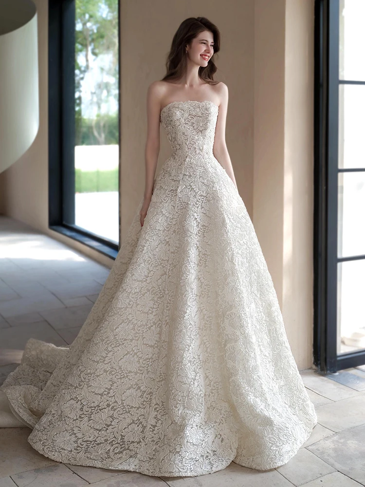 

Retro Lace Light Wedding Dr Ele Off-oulder Long Train Bride Gown Forest System Outing Dr Luxury Strapl Floor-L...