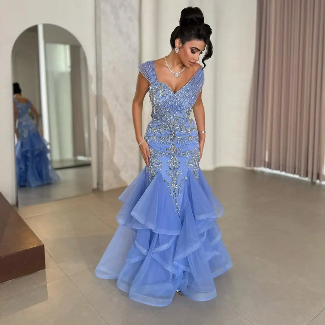 Meetlove Blue Tulle Customized Evening Dresses Sleeveless Crystal Floor Length Mermaid Luxury Beading Prom Gowns For Women