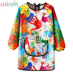 Children Waterproof Colorful Print Apron Pinafore Long Sleeve Kitchen Cooking Baking Eating Art Painting Cover Bibs with Pocket