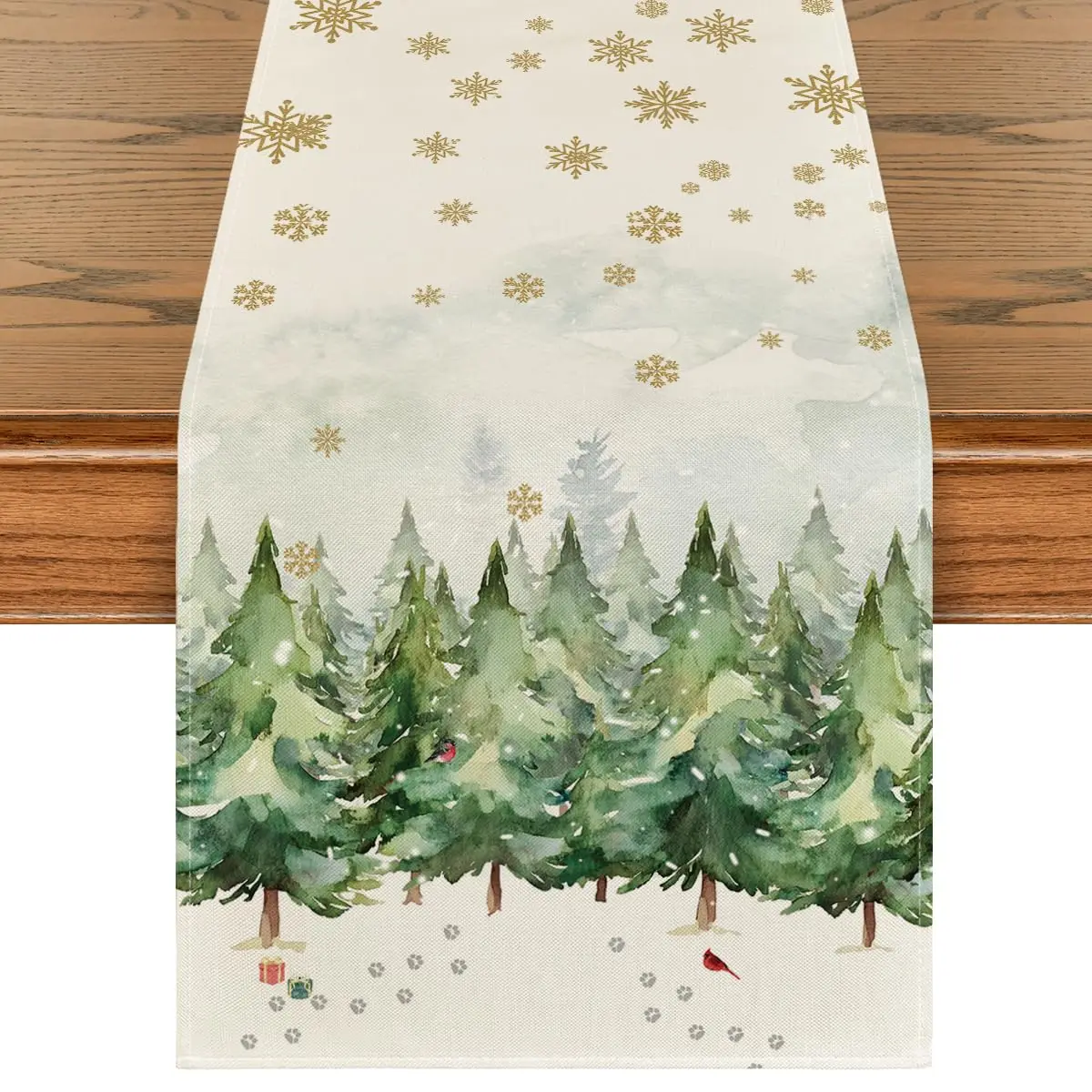 Watercolor Christmas Forest Table Runner, Golden Snowflake Winter Pine Tree Tablecloth, Seasonal Holiday Kitchen Dining Table