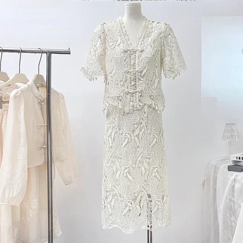 

Small Fragrance Lace Elegant Women Set Summer Sweet Fashion French Wedding Party Blouse + Long Overskirt Two-piece Lady Suit