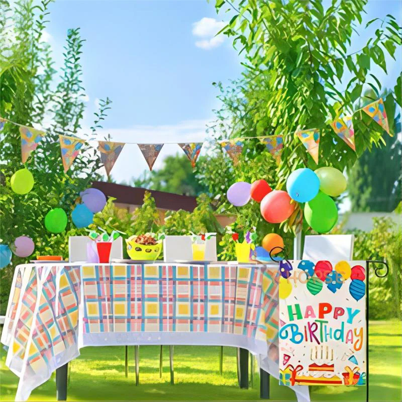 Happy Birthday Garden Flag Burlap Birthday Cake Banner Vertical Double Sided Reusable Decoration Backyard Lawn Signs for Kids