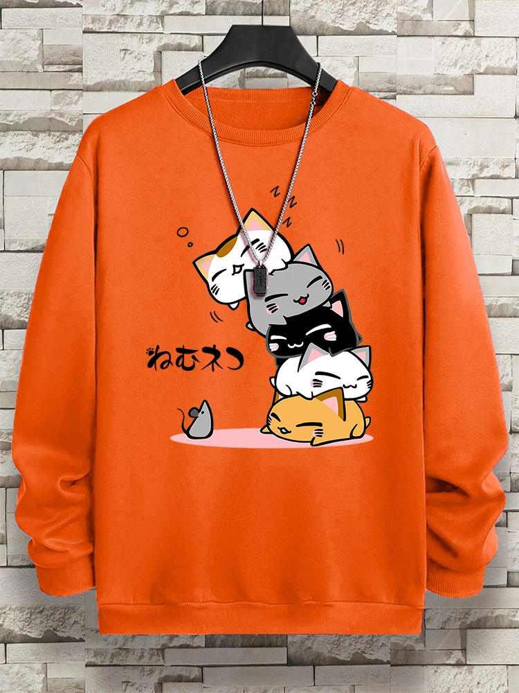 Cute Stacked Cats Sleep Clothing Man Hoody Hip Hop O-Neck Sweatshirts Vintage Casual Loose Hoodies Autumn New Loose Clothes