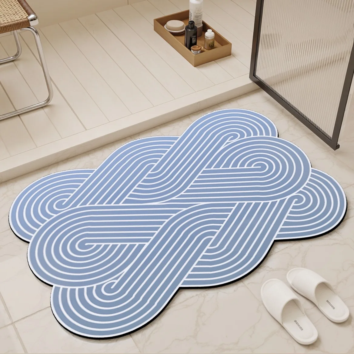 Bathroom Carpet Non-slip Water Absorption Quick-drying Floor Mat Blue Polish Line Rug Irregular Shape Home Decoration Mat
