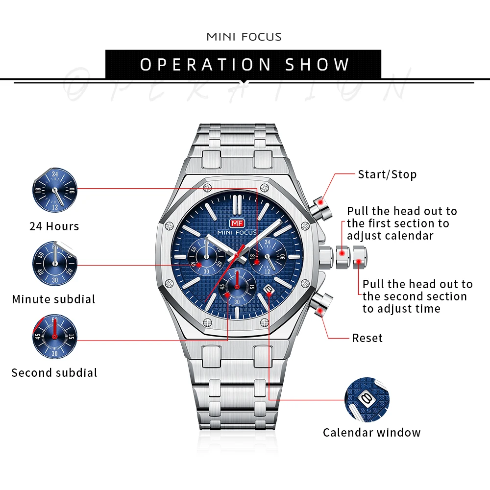 MINI FOCUS Fashion Sports Quartz Watch for Men Multifunctional Dial Calendar Stainless Steel Strap Waterproof Mens Watches 0609G