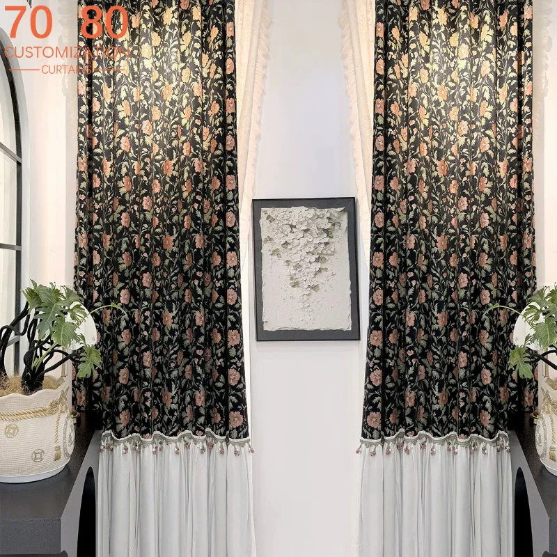 New American Retro Black Chenille Skirt Stitching Curtains for Living Room Bedroom French Window Balcony Customized Finished
