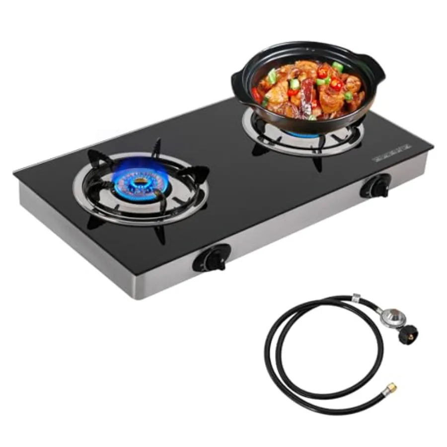 

28 Gas Stove with 2 Burners Countertop Portable Stainless Steel Propane Stove featuring Auto Ignition for LPG Ideal for RV Outd