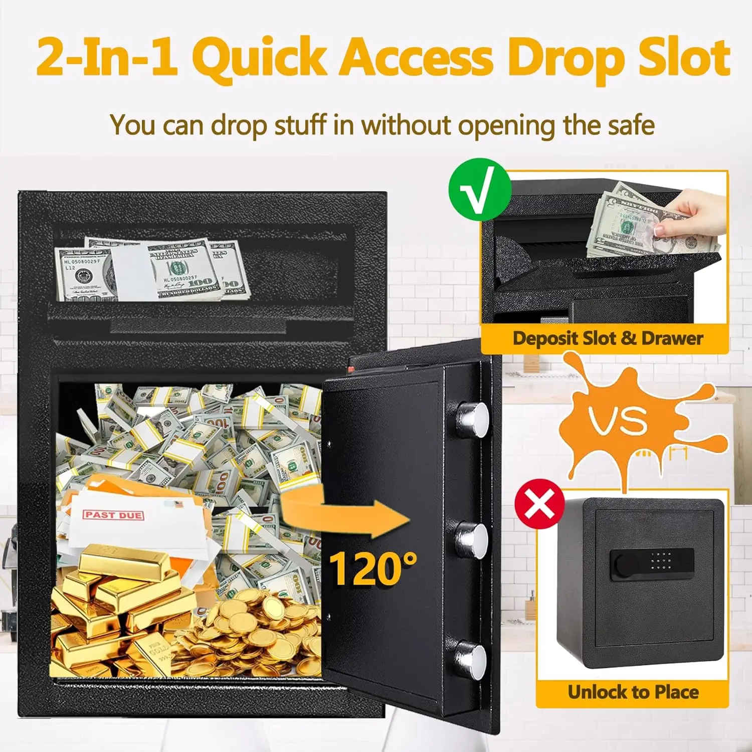 2,6 CUB Depository Drop Safe Feuerfest, Front Drop Slot Lock Box mit digitaler Kombination und Anti-Angeln, Silent Deposit Safe