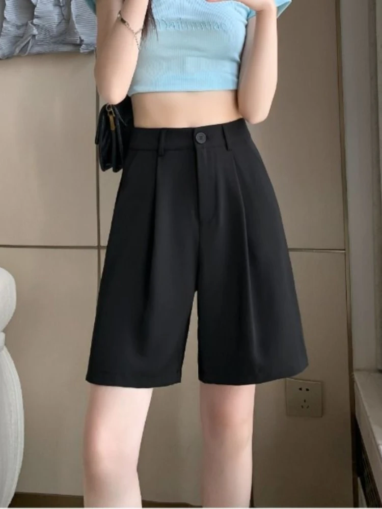 Summer Casual Suit High Waist Wide Leg Black Shorts for Women Thin A-line Korean Fashion Loose Fit Solid Color Shorts for Women