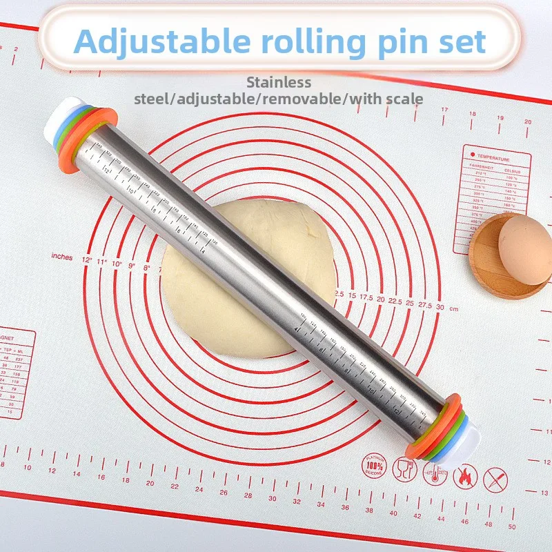 

17 Inch Stainless Steel Adjustable Rolling Pin with Scale Thickness Adjustable Dough Roller Baking Mat Set